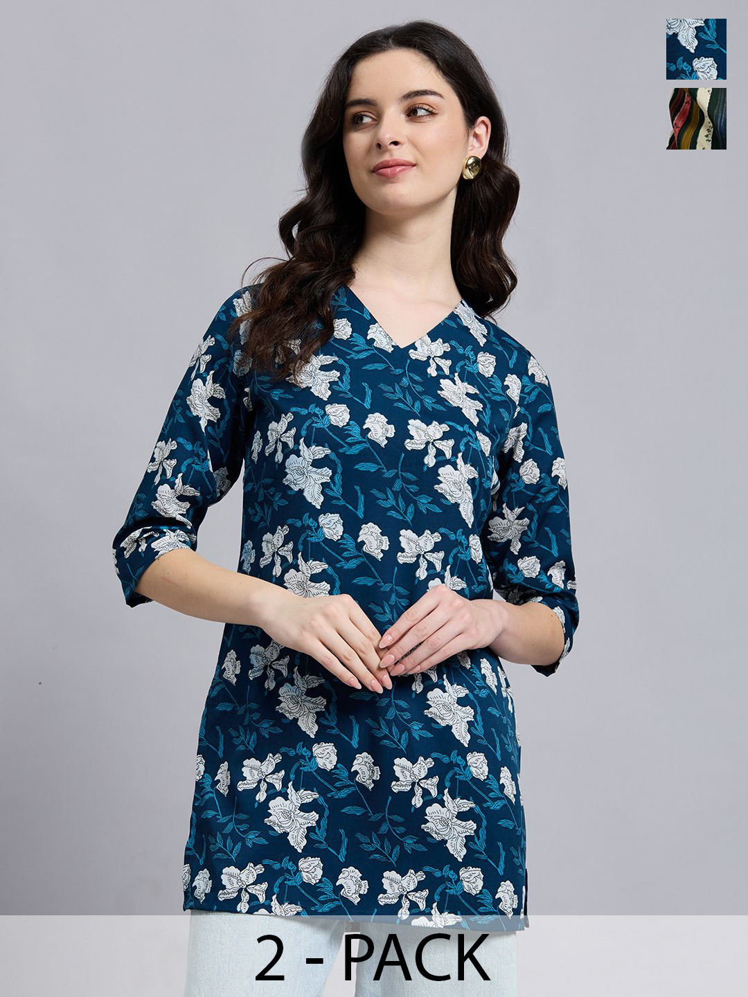 THE FAB FACTORY Women Pack of Two Floral Printed Three-Quarter Sleeves Top