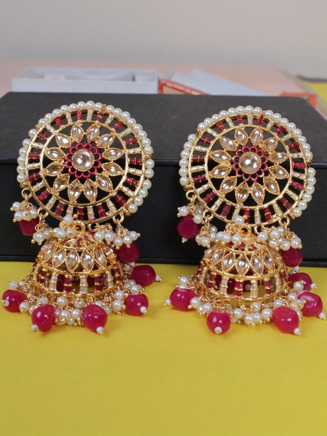Party Wear Maroon & Gold Jhumkas with Pearl Detailing