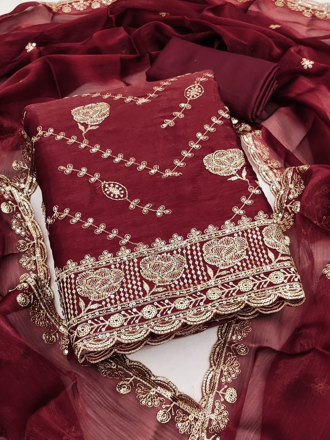 Maroon Barbari Silk Embroidery Work Unstitched Dress Material