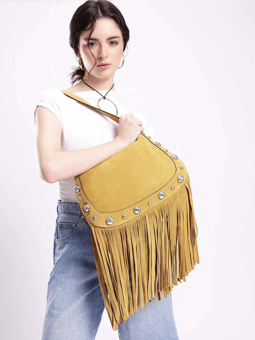 MANGO Leather Structured Fringed Shoulder Bag