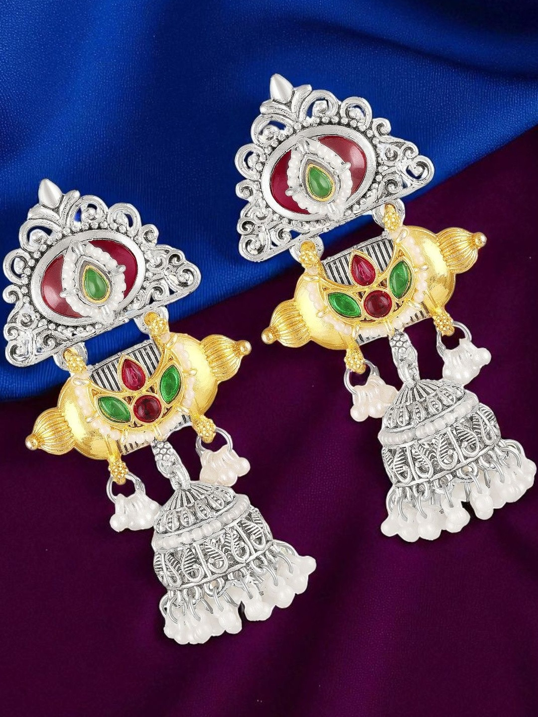 Dual-Tone Temple Dangler Jhumka Earrings with Kundan