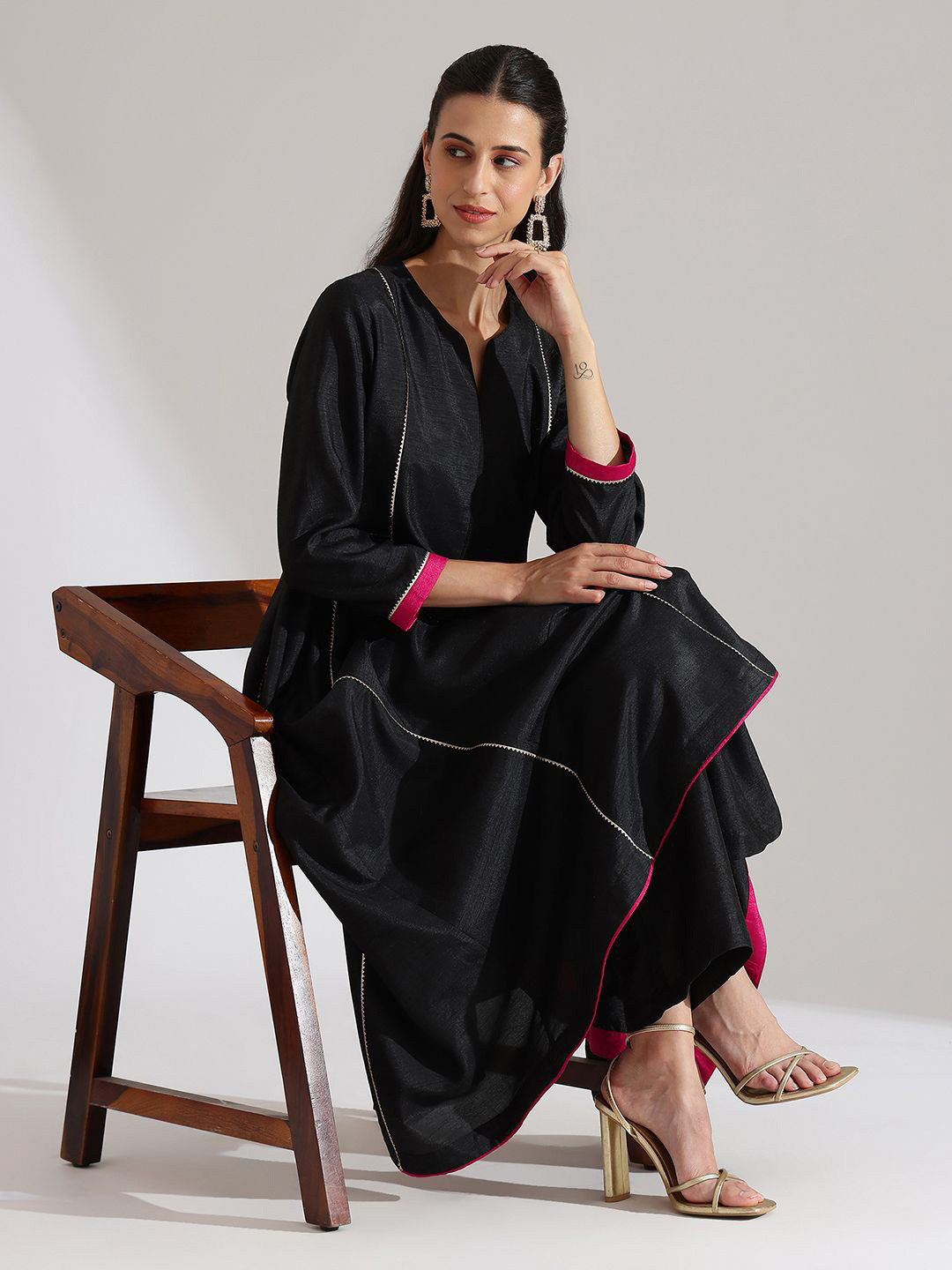 Pink Fort Notch Neck Pleated A-Line Kurta With Palazzo