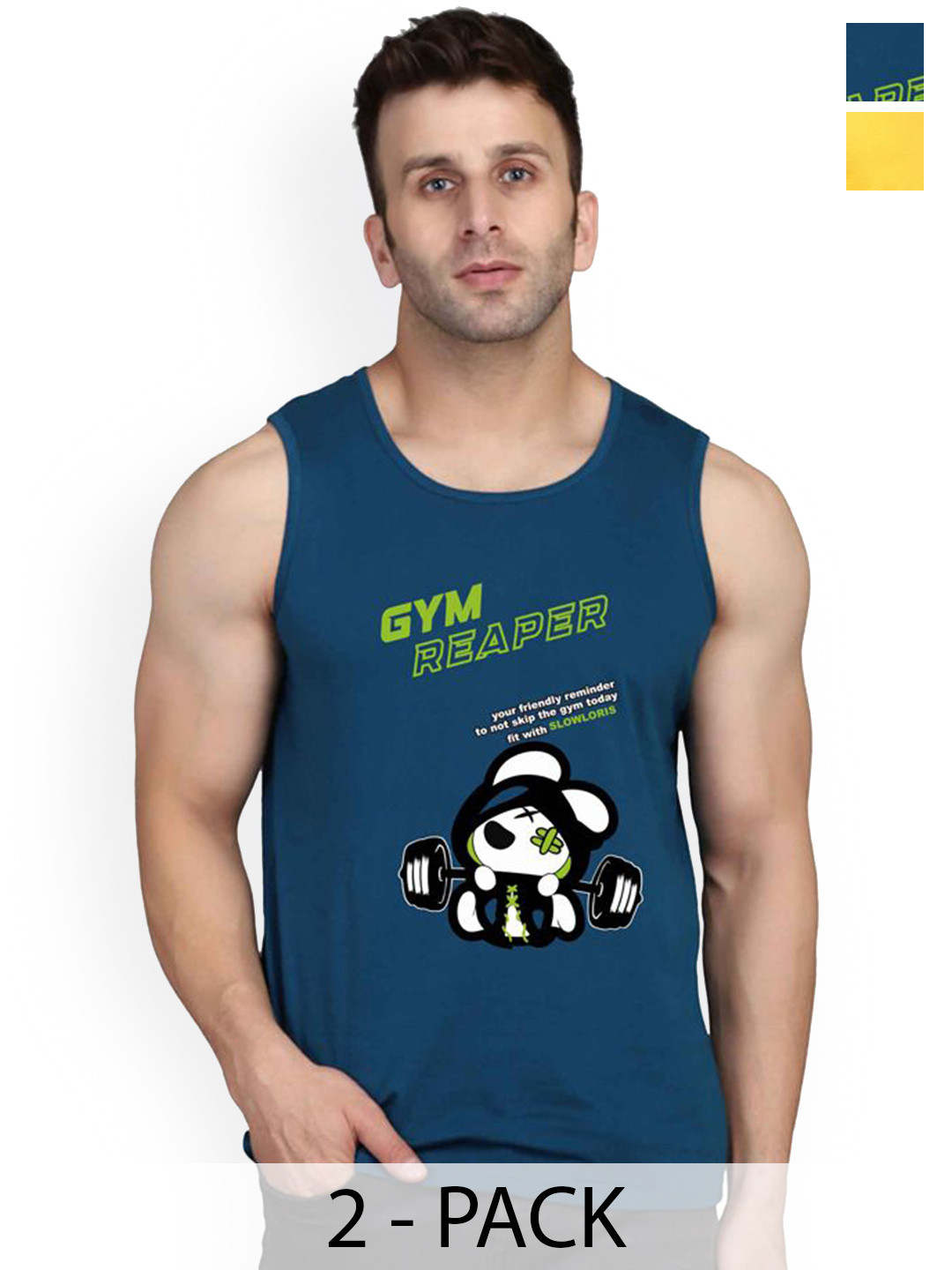 Slowloris Men Pack of 2 Blue & Yellow Printed Cotton Fabric Inner vest