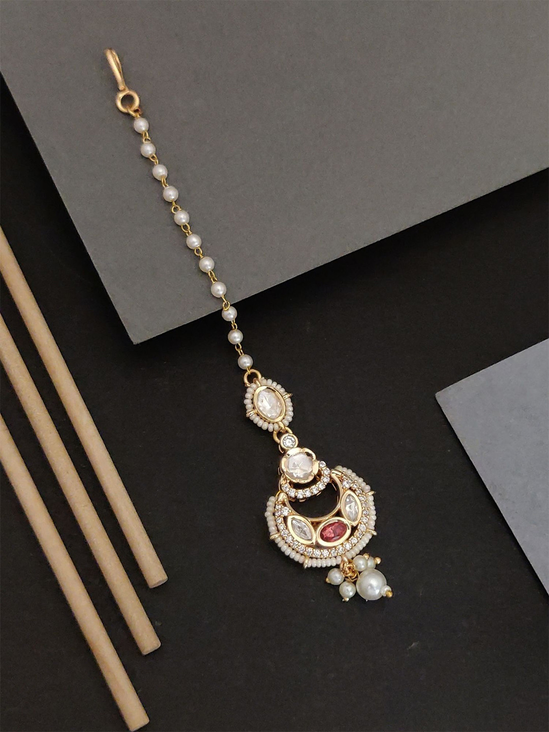 ABDESIGNS Gold-Plated Kundan Studded & Pearls Beaded Half Moon Maang Tikka