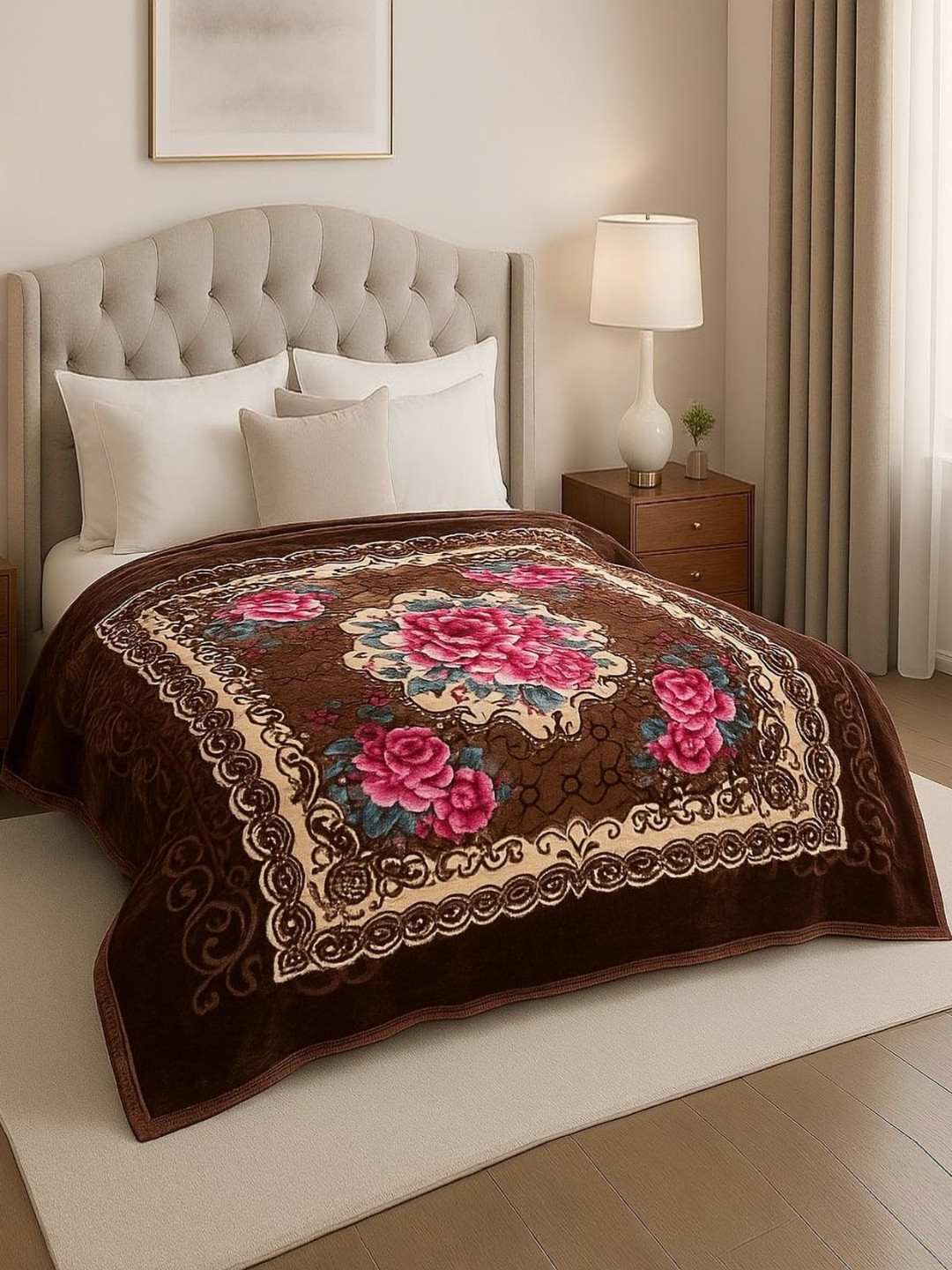 Nivasam Brown & Rose Floral Mink Mild Winter 500 GSM Double Bed Blanket