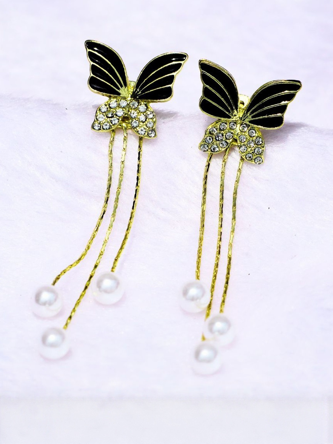 Black with Gold-Plated Studded & Pearl Drop Earrings
