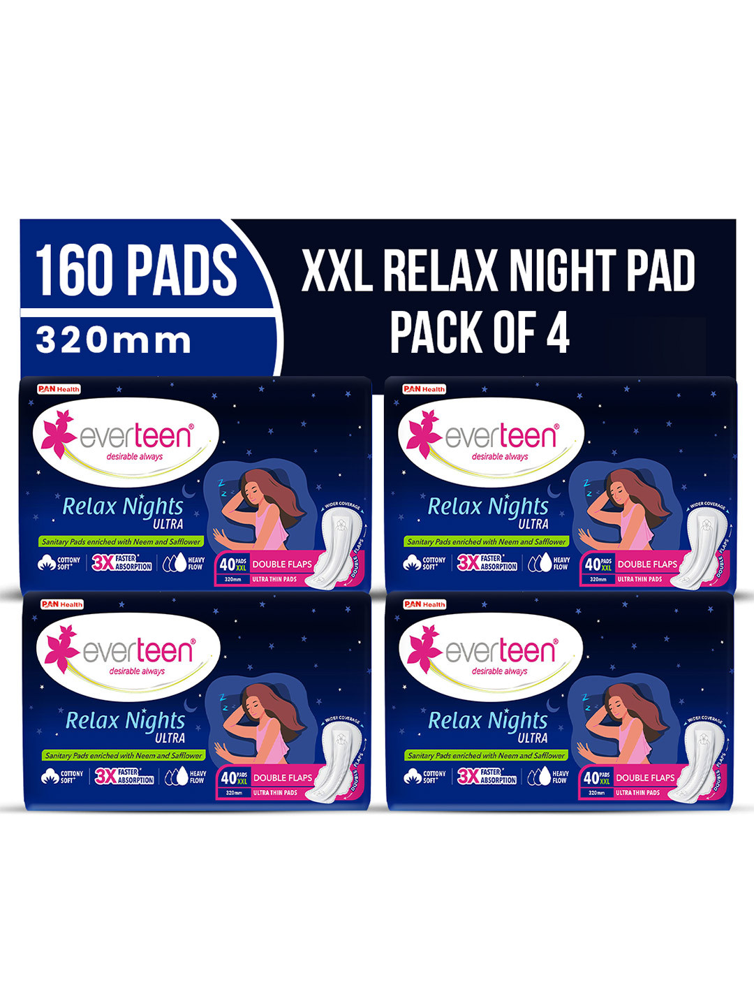 everteen Set Of 4 Relax Nights Ultra Sanitary Pads XXL with Cramps Roll On - 40 Pads Each
