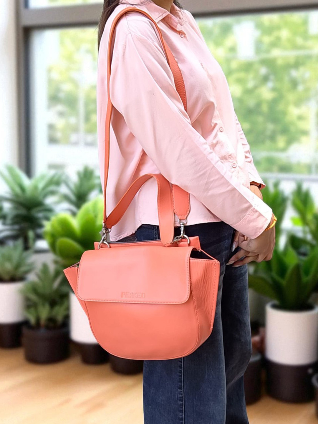 PERKED Coral Leather Half Moon Sling Bag