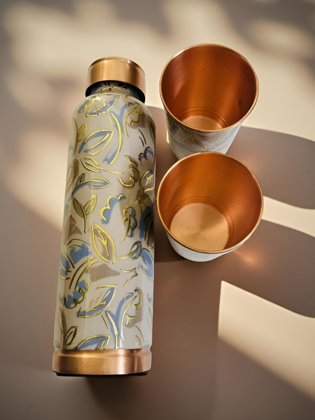 Lupaava White & Blue Copper Floral Printed Water Bottle With 2 Glasses 950ml