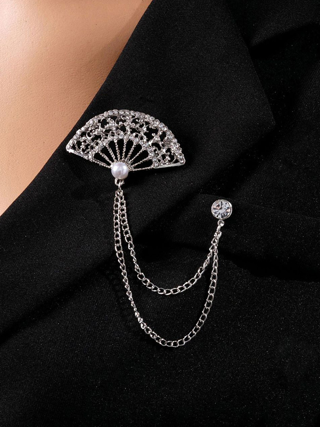 Peora Silver Plated Crystals Studded Fan Design 2 Layer Chain Brooch
