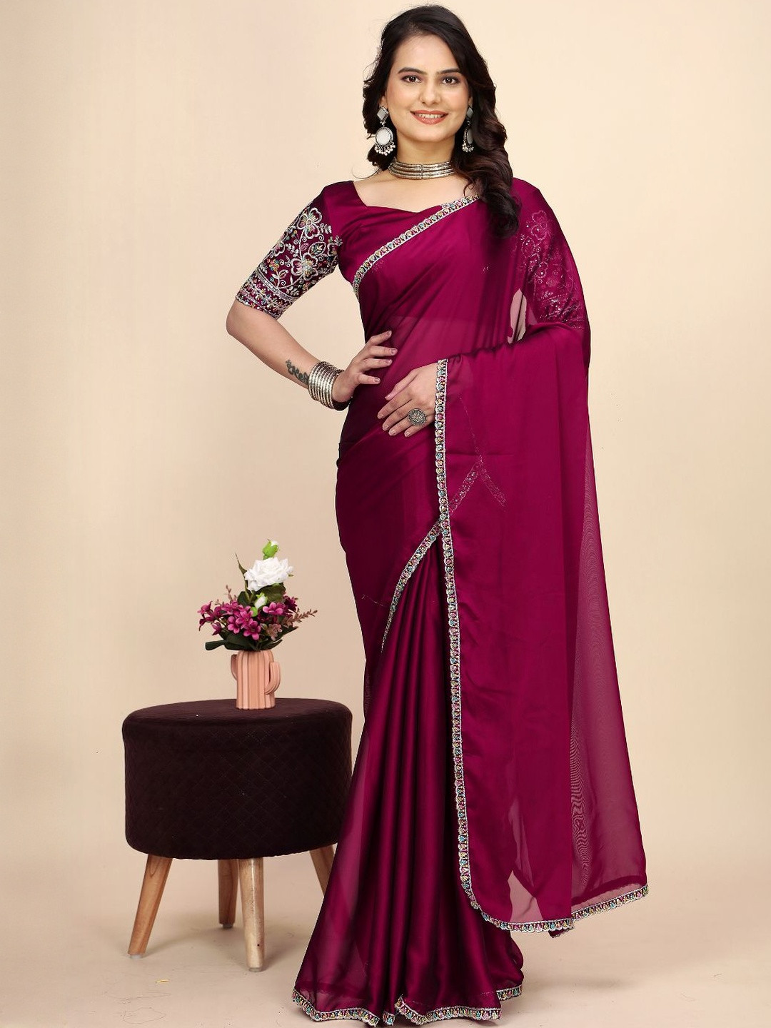 Zenophily Women Maroon Solid With Embroidered Boarder Pure Chiffon Saree