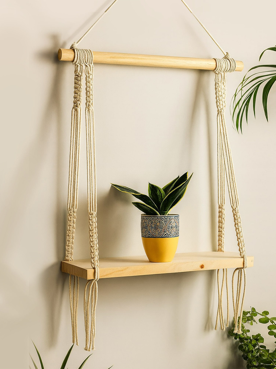 Homesake Beige Solid Macrame Wall Hanging  Floating Boho Shelves Planter