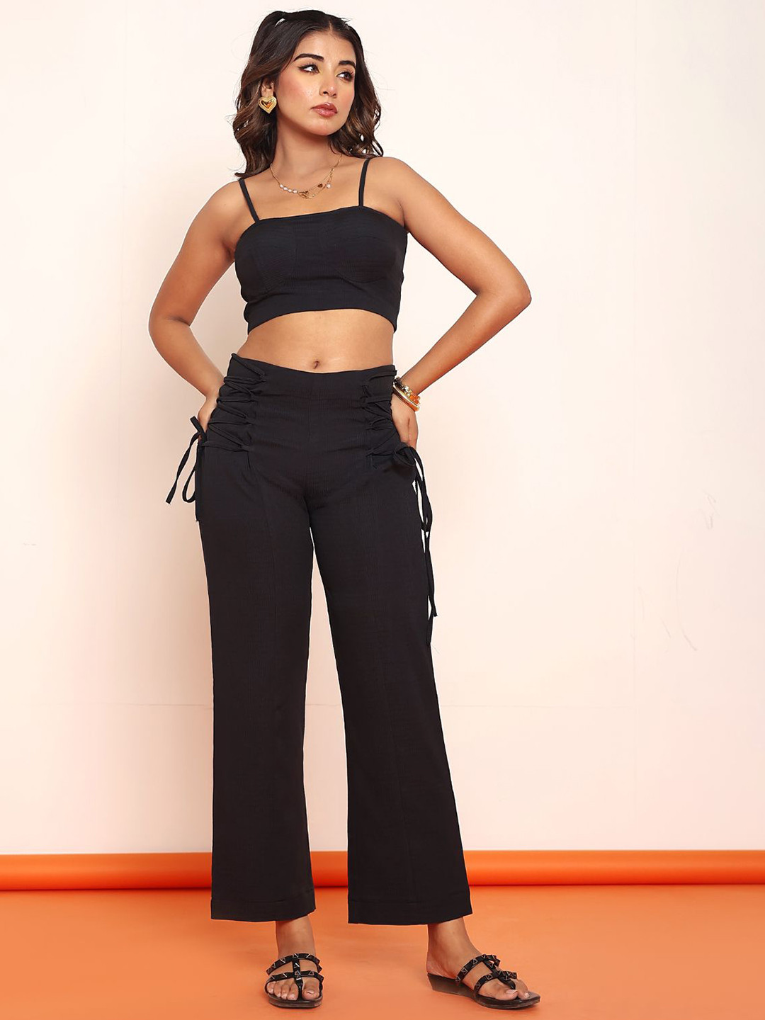 LOVEPRASHA Women Wide Leg Mid-Rise Draw -String Trouser