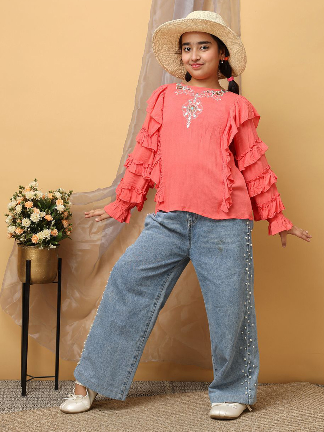 BAESD Girls Round Neck Ruffle Floral Embroidered Top