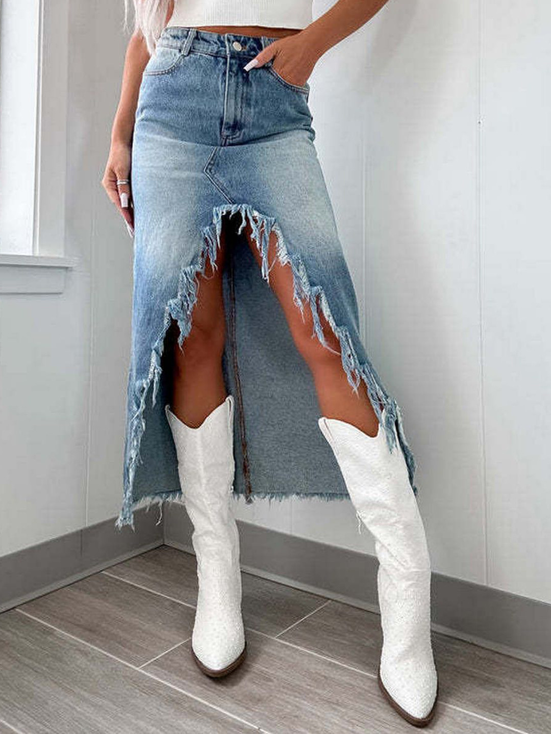 StyleCast Women Washed Denim Distressed Flared Midi Skirt