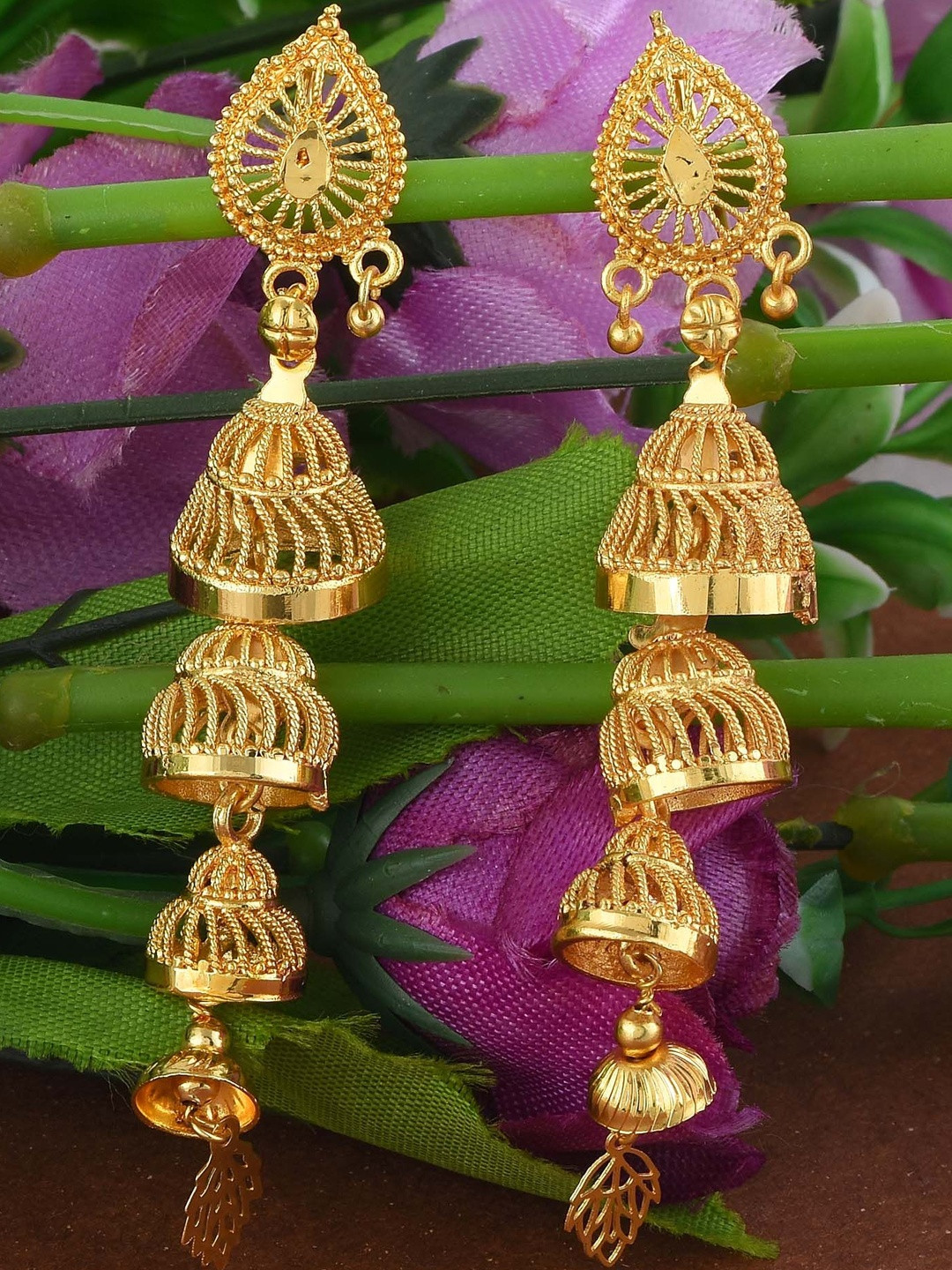 Brass Goldplated Four Umbrella Long jhumki Women Traditional