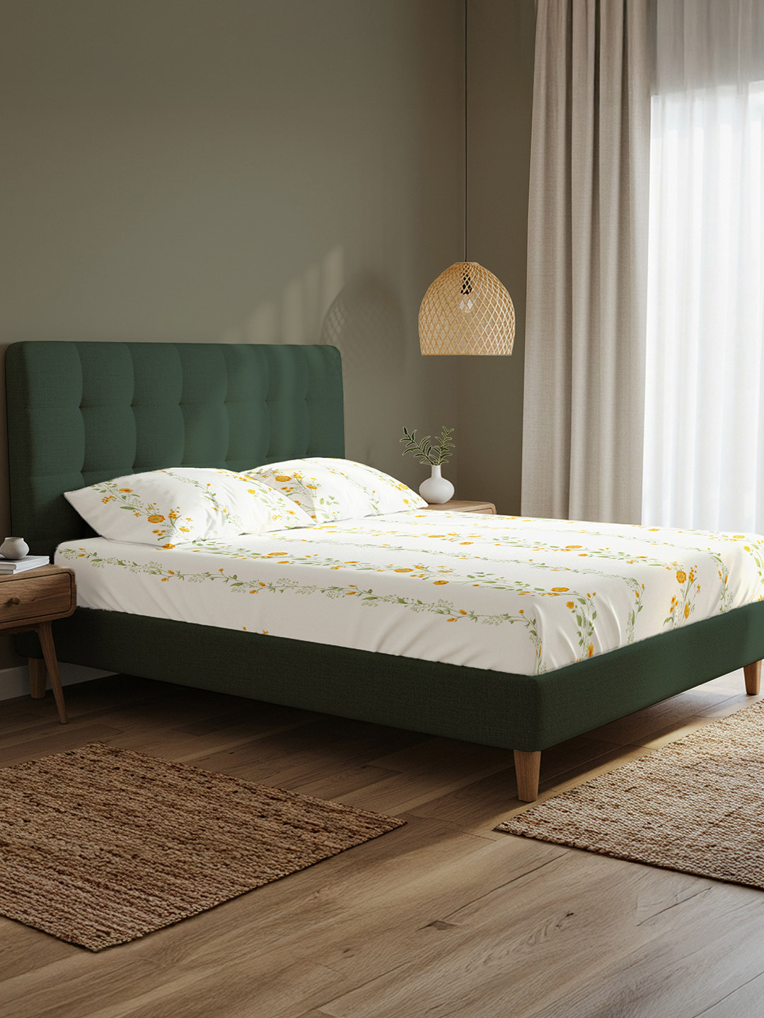 URBAN SPACE White Floral Cotton 200 TC King Fine Bedsheet with 2 Pillow Covers-108 x 108 inches