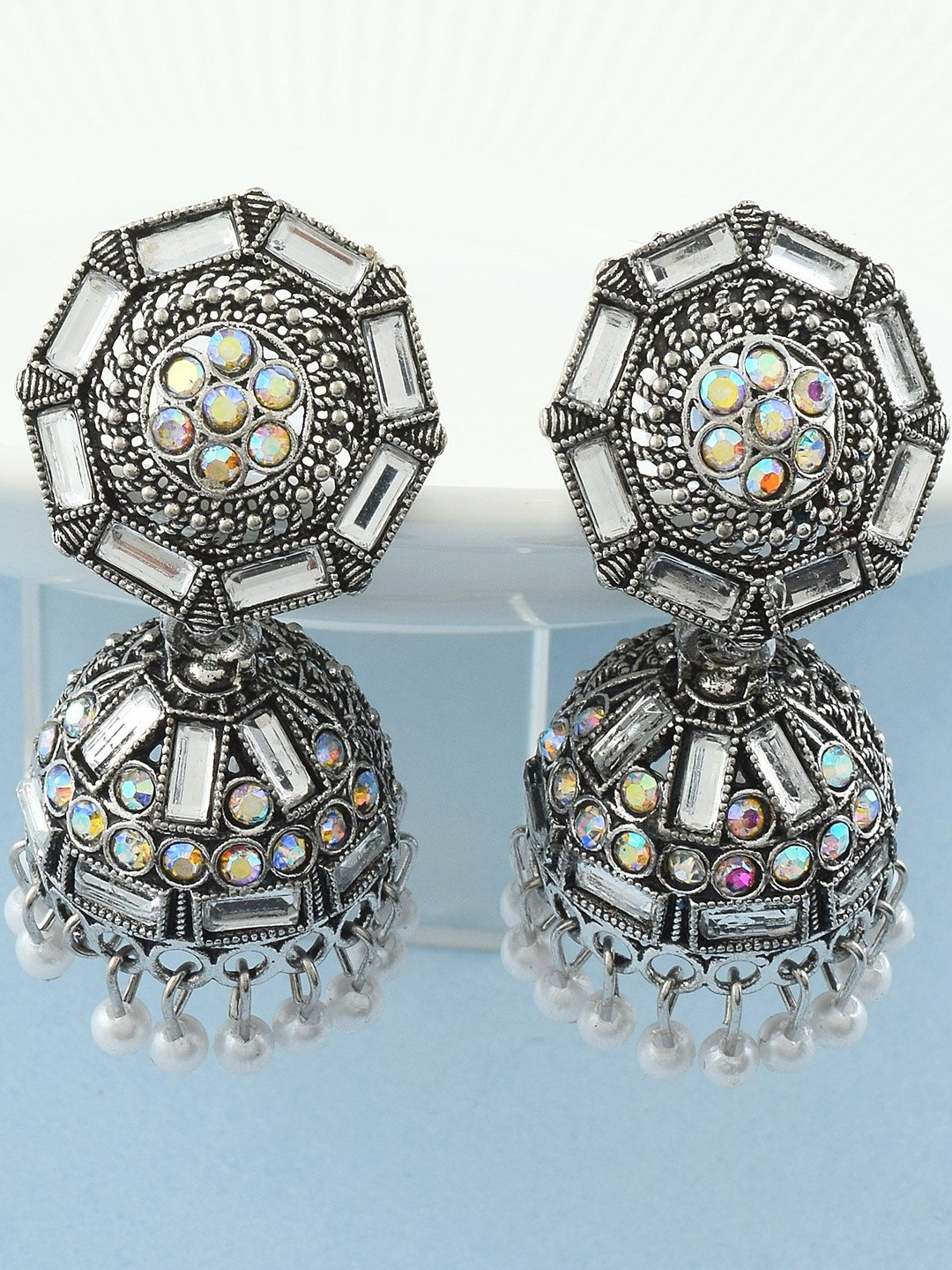 Brass Oxidised Silverplated Kundan Polki Traditional Women Jhumka Earrings