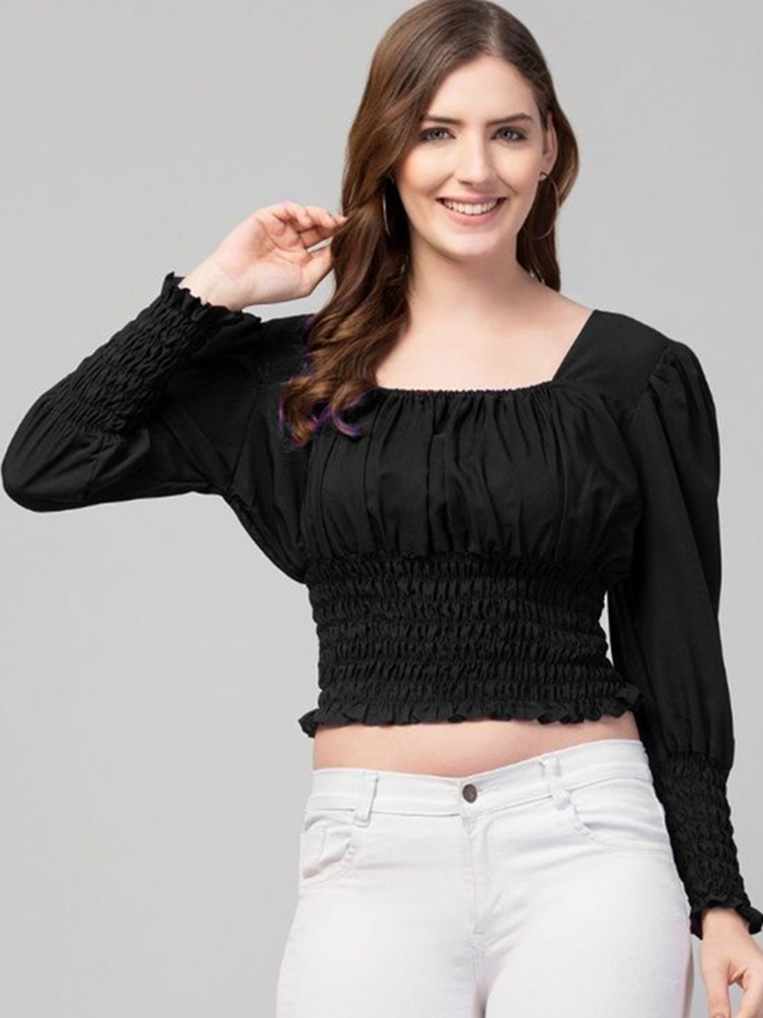 fashion cottage private limited Puff Sleeve Smocking Crop Top