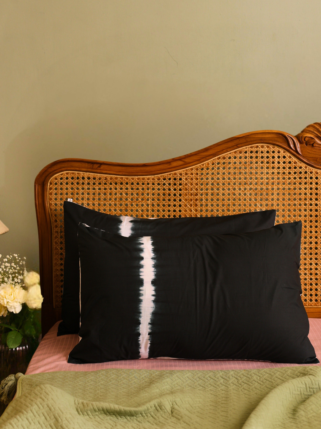 SLEEPY THREADS Black & White 2 Pieces Self Design Pure Cotton Rectangle Pillow Covers