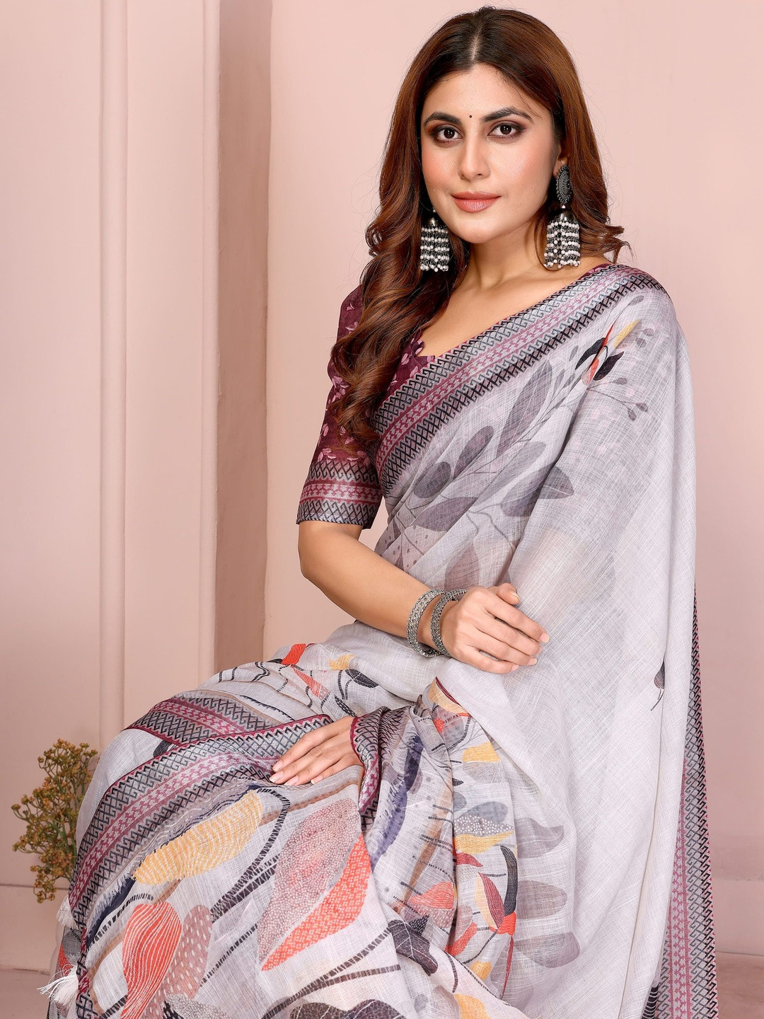 Mitera Floral Printed Woven Design Border Saree With Blouse Pieceree