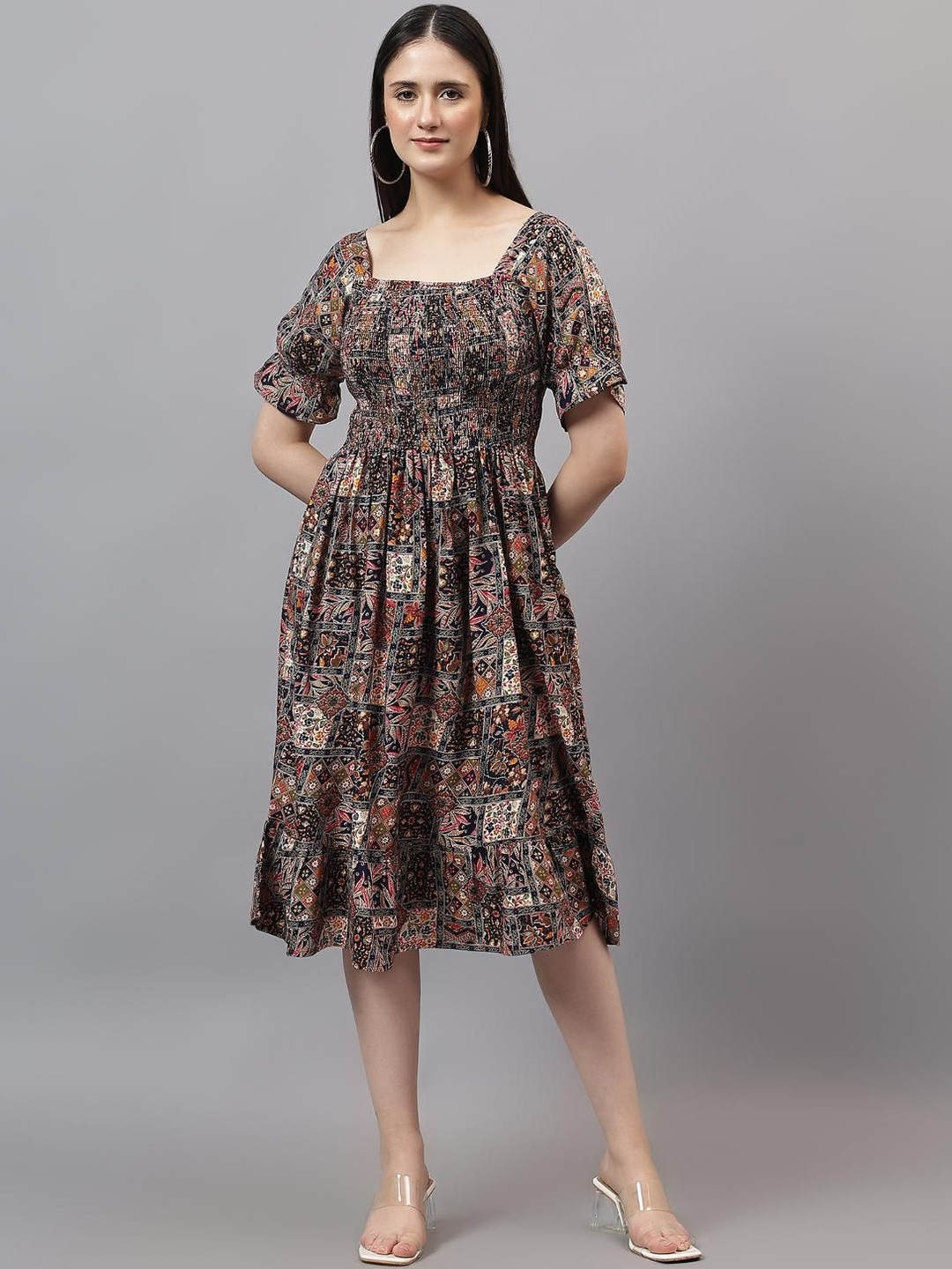 Cherimoda Floral Printed Square Neck Fit & Flare Midi Dress