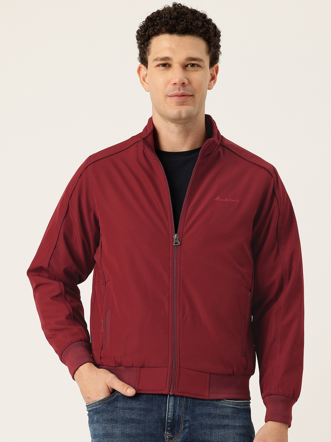 Monte Carlo Embroidered Detail Mock Collar Bomber Jacket