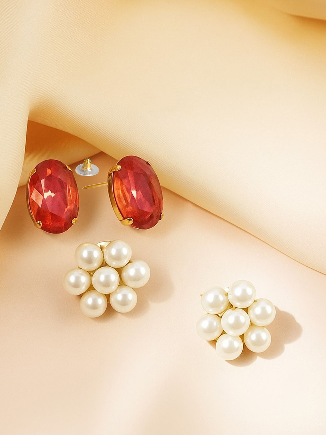 ORANGENYSHA Set Of 2 Gold-Plated Crystals Studded Oval Shaped Korean Studs