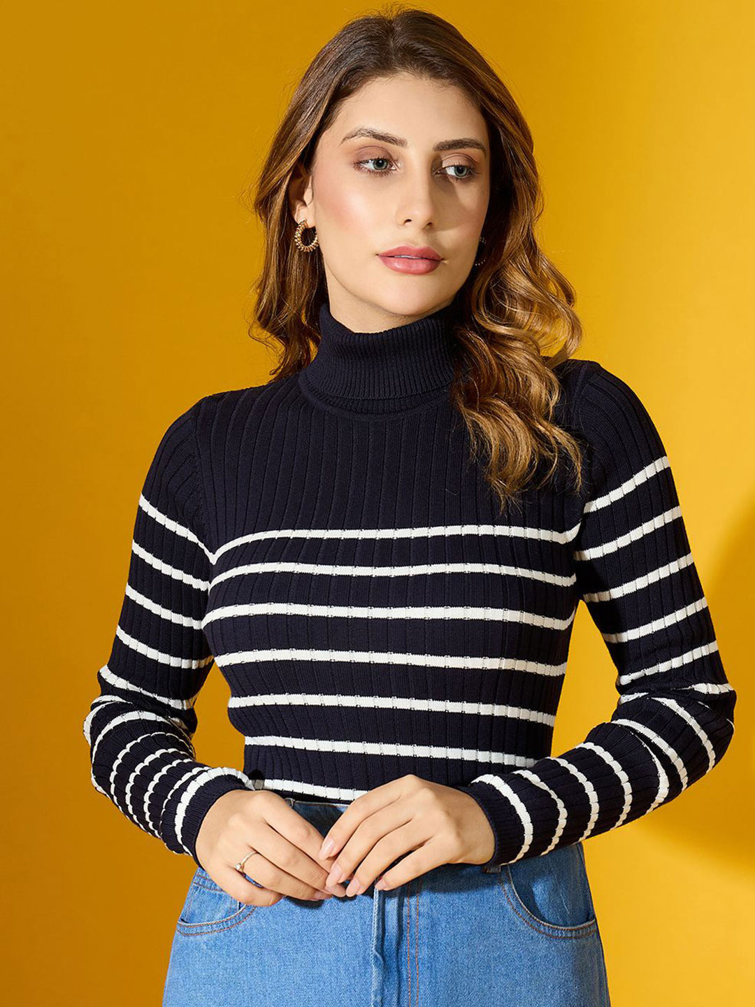98 Degree North Women Ribbed Striped Turtle Neck Pullover