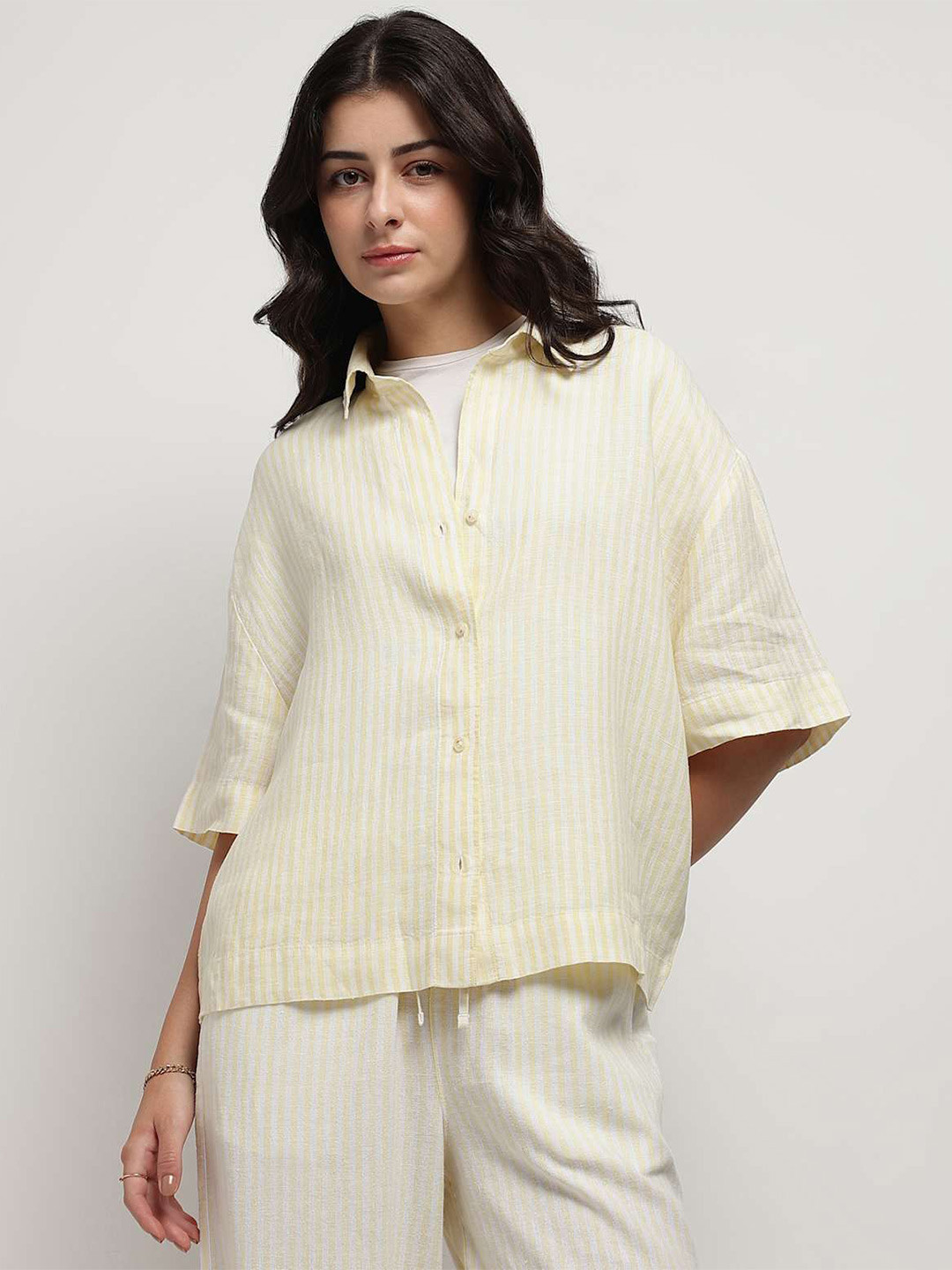 Marks & Spencer Women Boxy Fit Vertical Striped Spread Collar Linen Casual Shirt