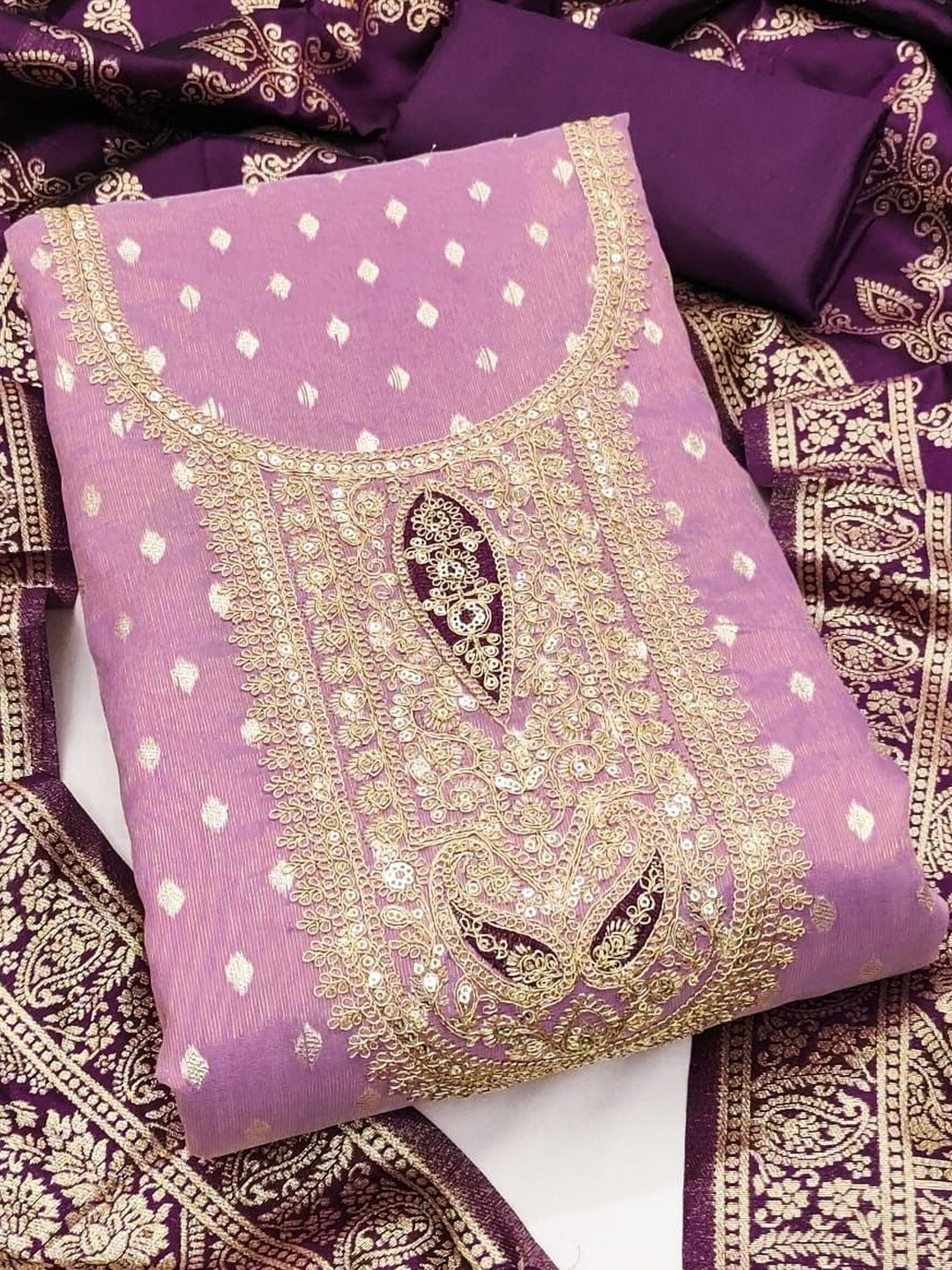 Lavender Simmer Silk Jacquard With Codding Work Unstitched Dress Material