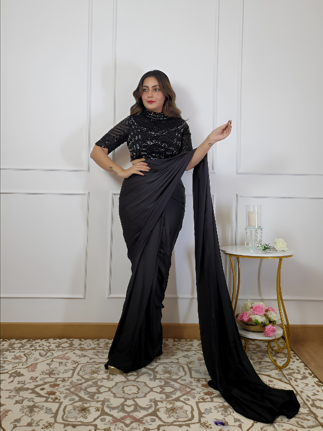 Shop Begum Women Embellished Sequinned Heavy Work Ready To Wear Saree