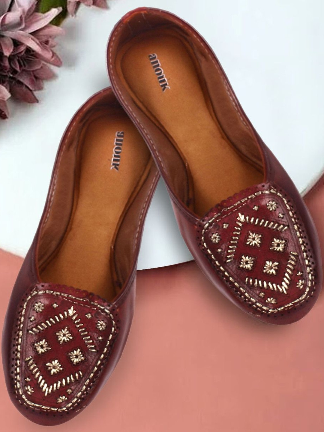 Anouk Women Brown Slip-On Ethnic Round Toe Synthetic Leather Embellished Mojaris