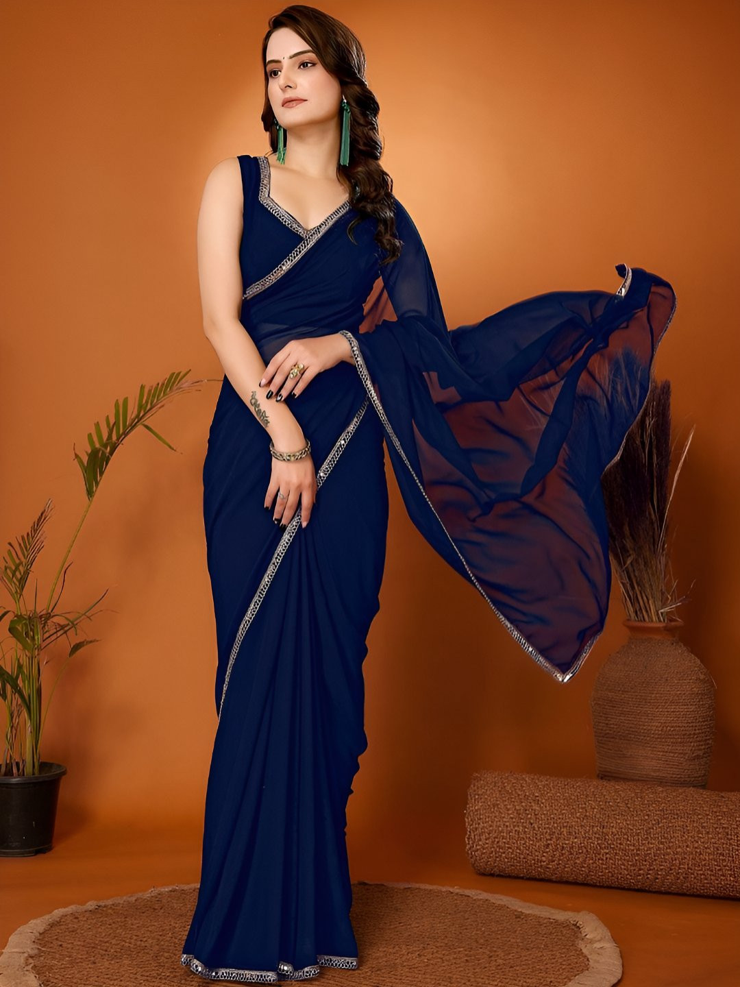 V3 FASHION STUDIO Mirror Work Embellished Border Saree
