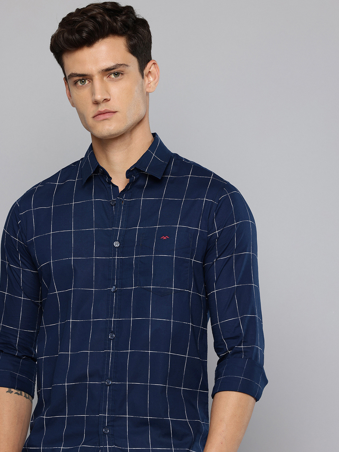 Mufti Pure Cotton Grid Tattersall Checked Slim Fit Casual Shirt