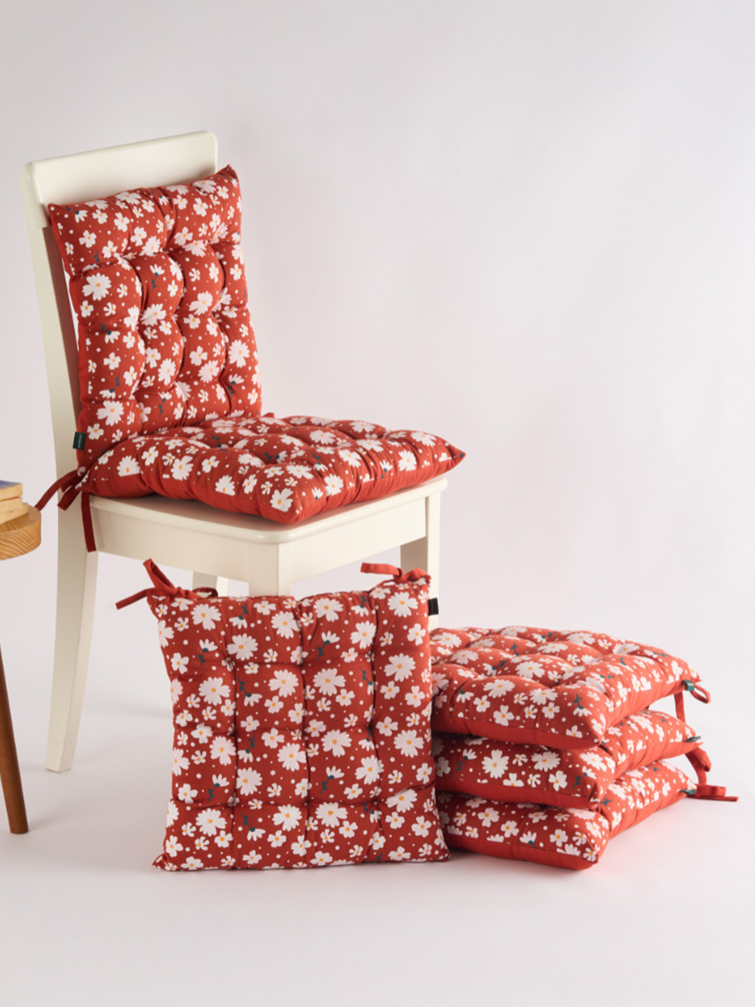 SKANDA FAB 6Pc Brown & White Floral Printed 100% Cotton Chair Pad