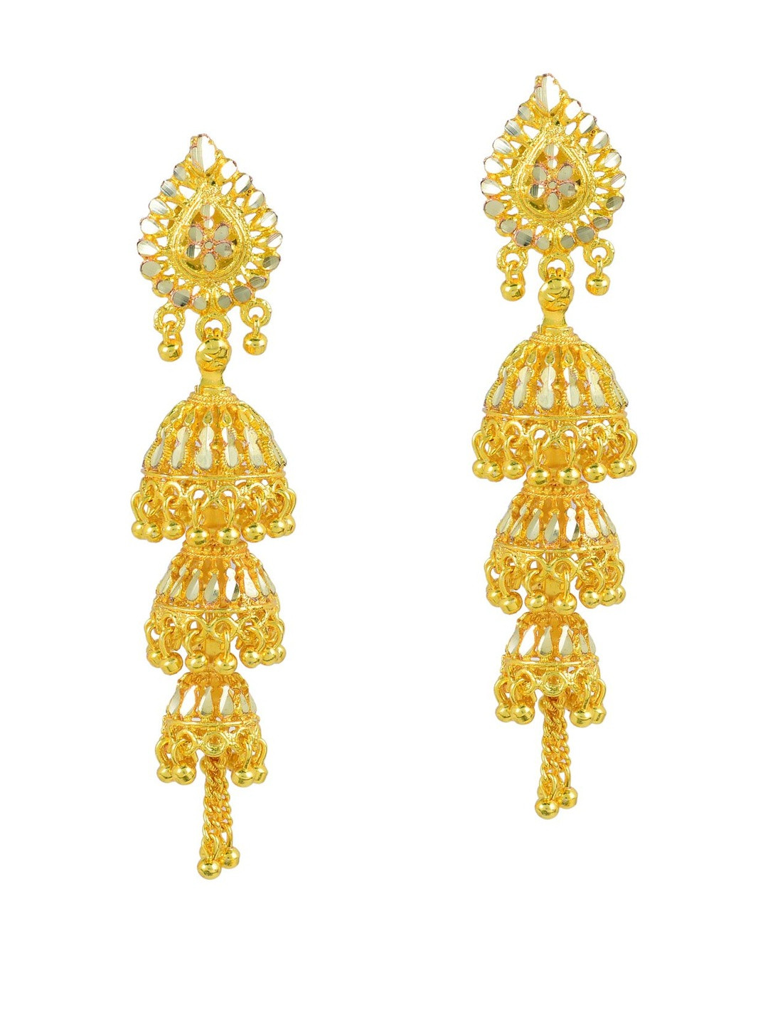 Gold Plated triple Umbrella Mirror Work Chandelier Jhumki Earrings for Women