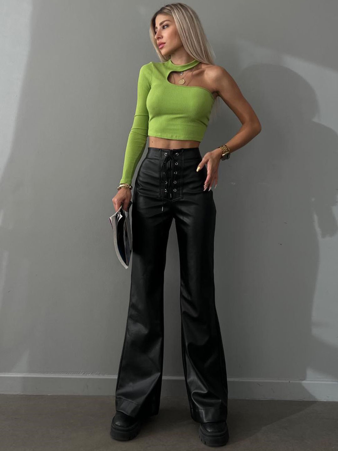 StyleCast Women Lace-Up Bell Bottom Trousers