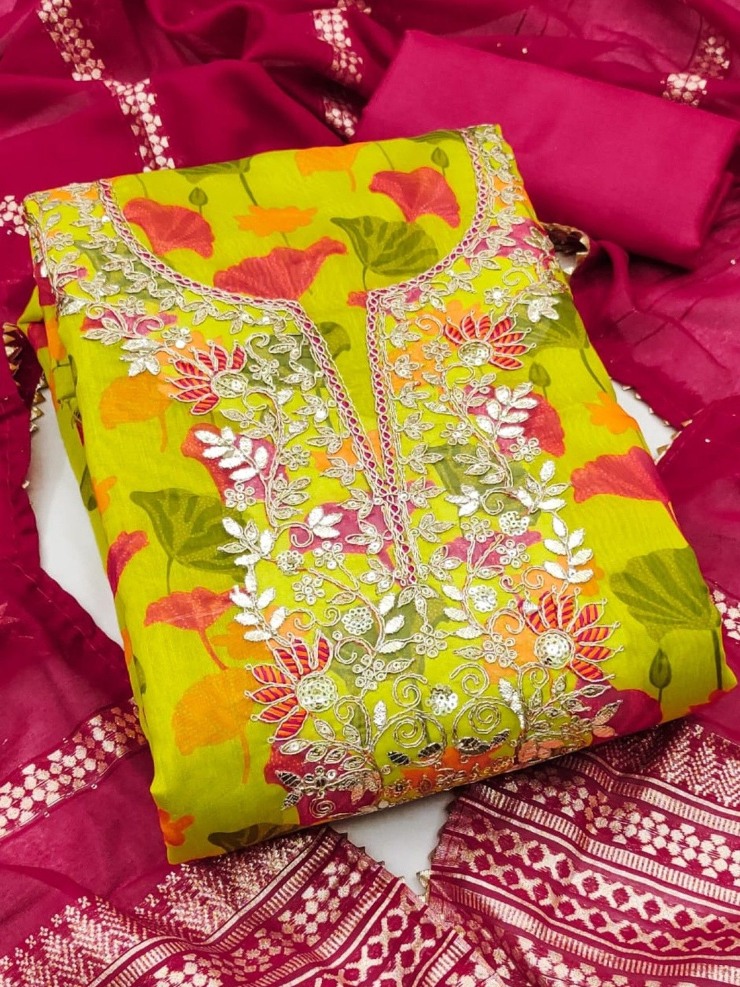 Green Soft Chanderi Sequence Embroidery Work Unstitched Dress Material