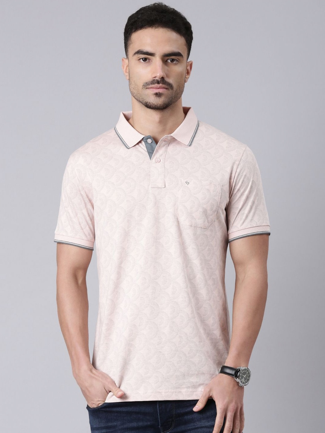 Classic Polo Men Self Design Polo Collar Cotton Slim Fit T-shirt