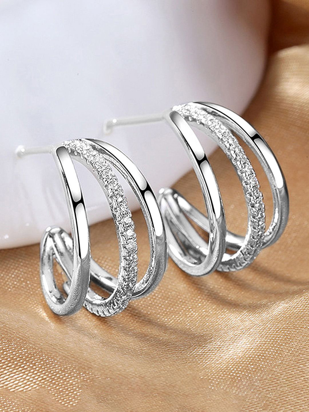 Peora Silver-Plated Cubic Zirconia Studded Semi Circular Shaped Half Hoop Earrings