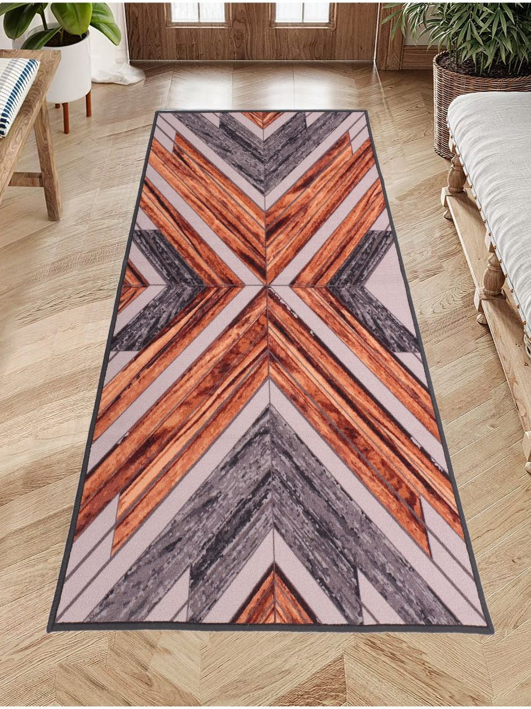 MODEFE Brown & Grey Melange Geometric Printed Anti-Skid Loop Pile Floor Runner