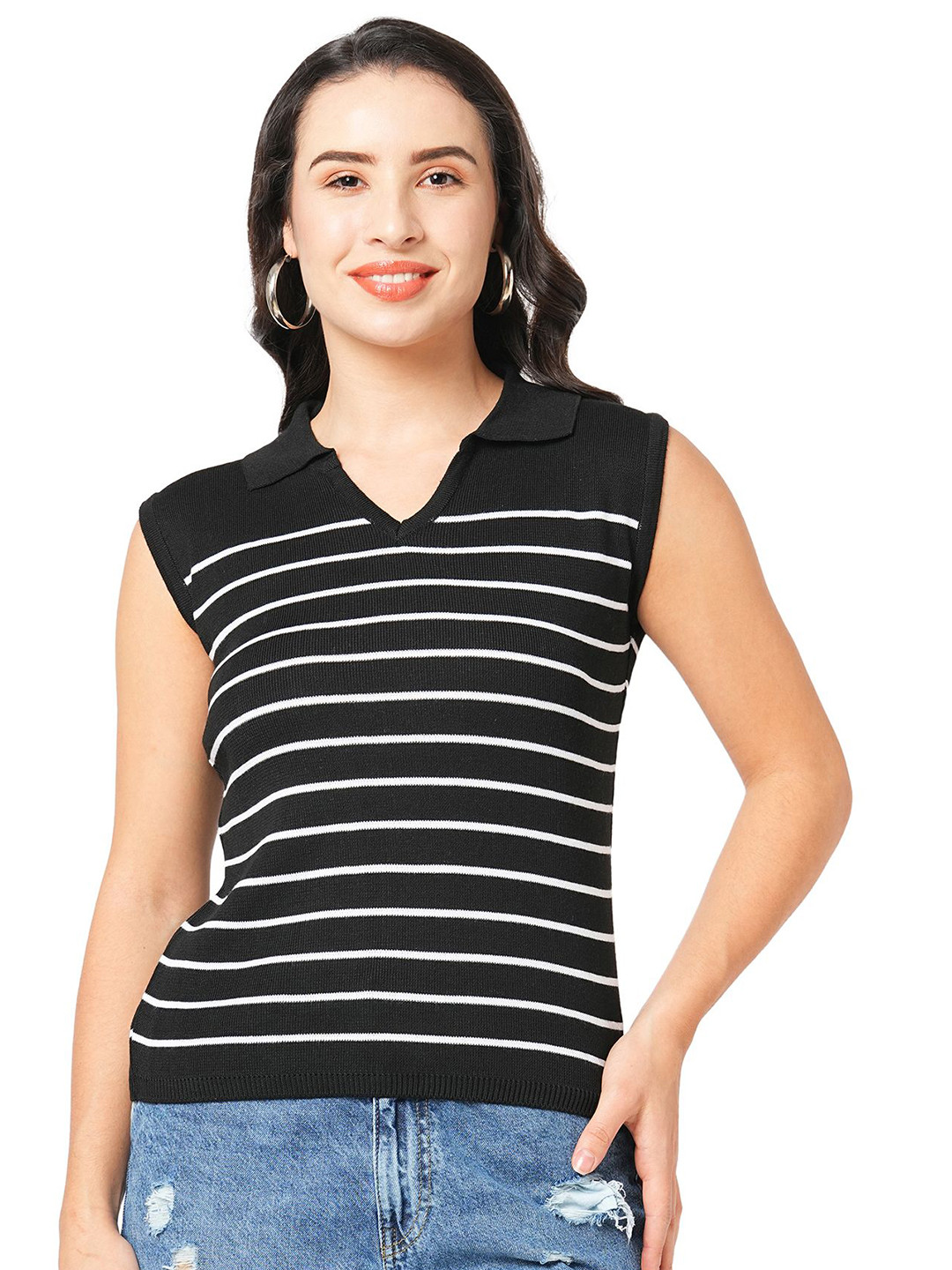 G0-4 IT Women Striped Polo Collar T-shirt