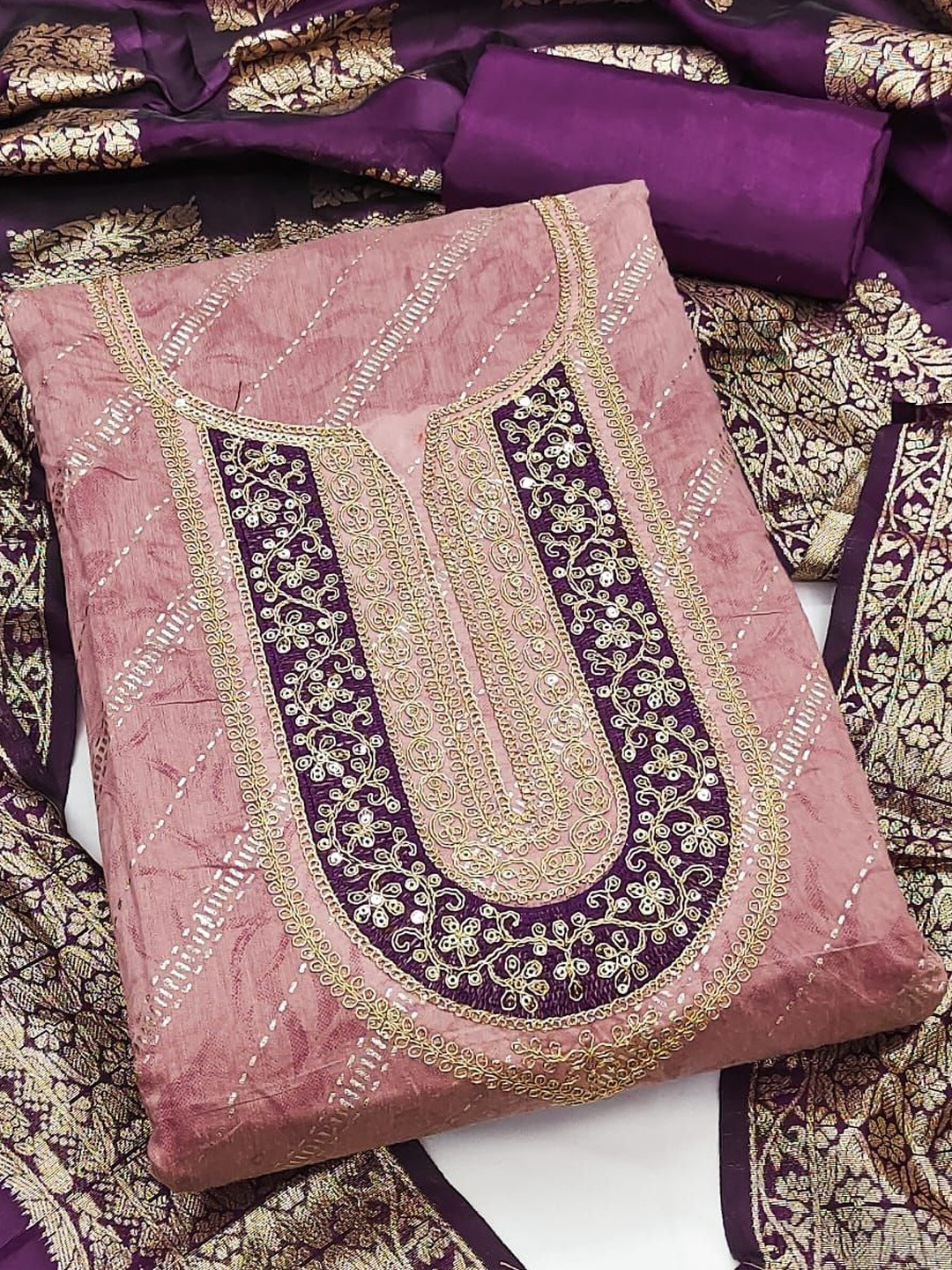 Pink Chanderi Printed With Codding Work Unstitched Dress Material