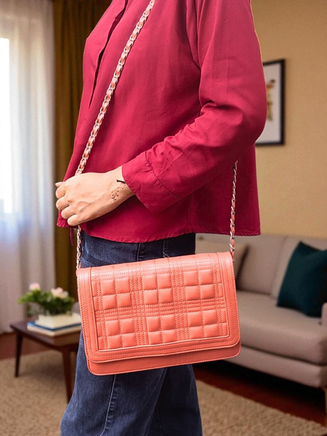 PERKED Leather Self Design Swagger Sling Bag