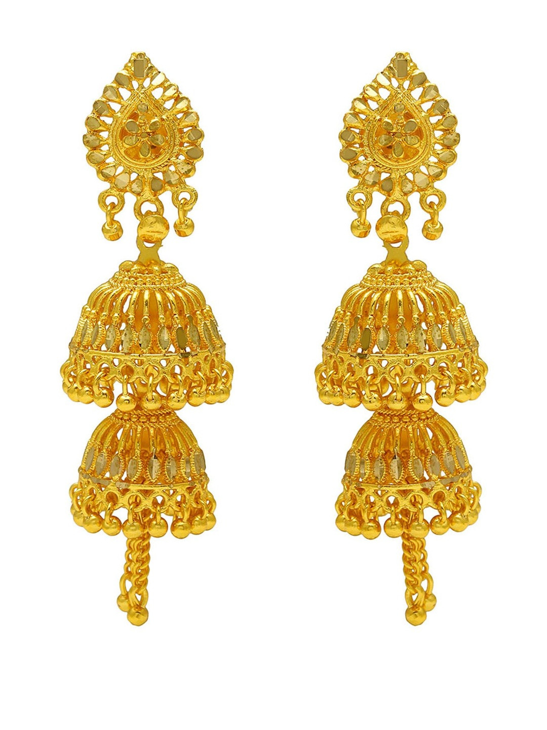 Gold Plated Faux Kundan Mirror Work Double Umbrella Chandelier long Jhumki for Women