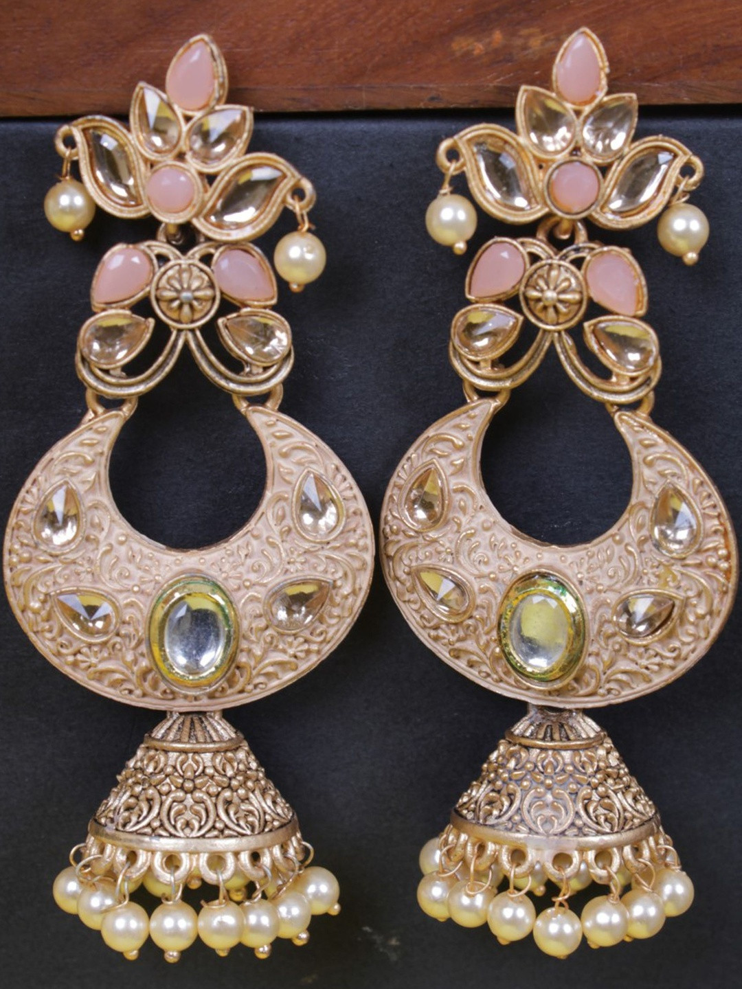Pink light Meenakari Chandbali Earrings with Kundan & Pearl Drops