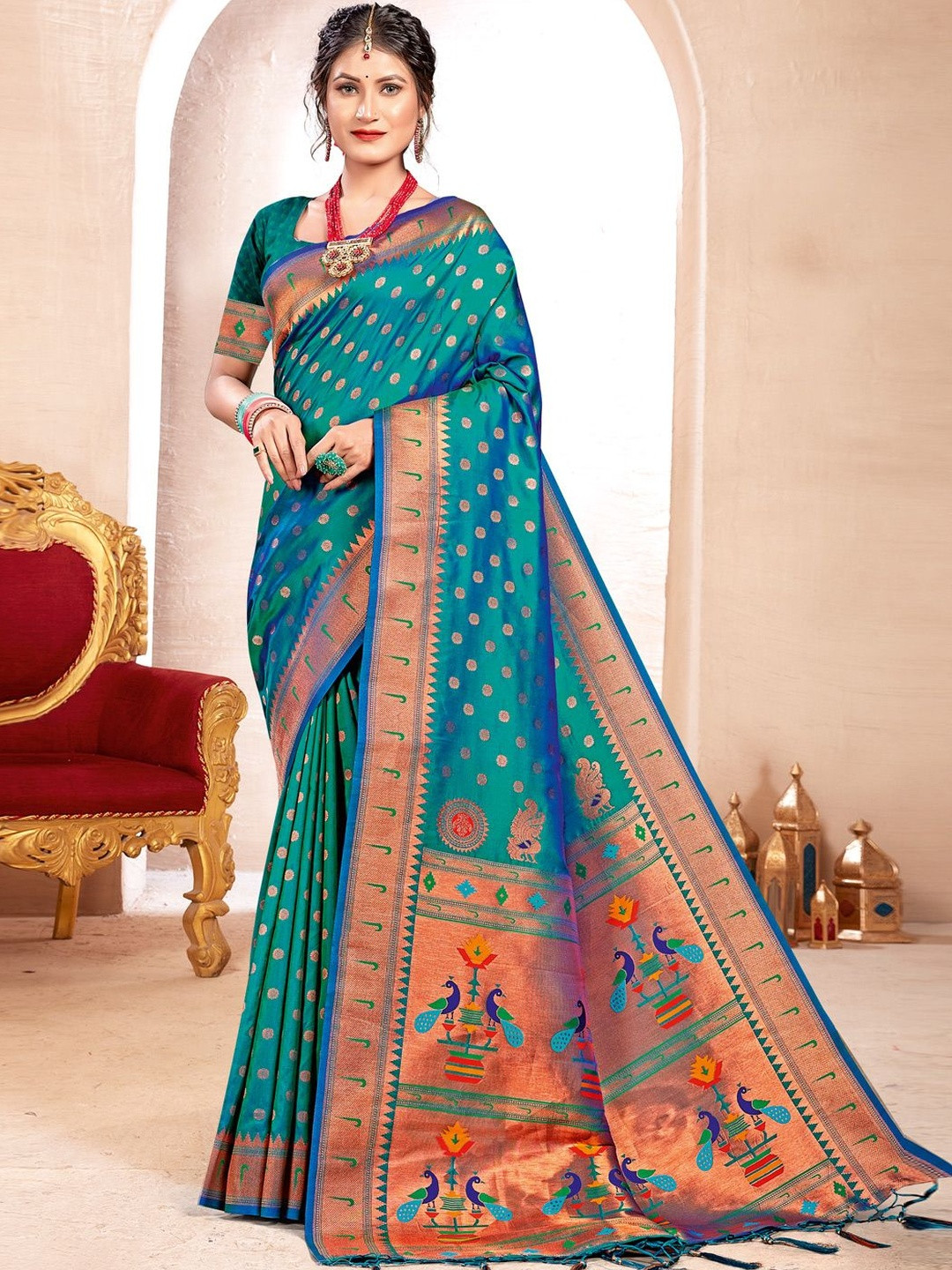 Mitera Polka Dots Woven Design Zari Paithani Saree With Matching Blouse Piece