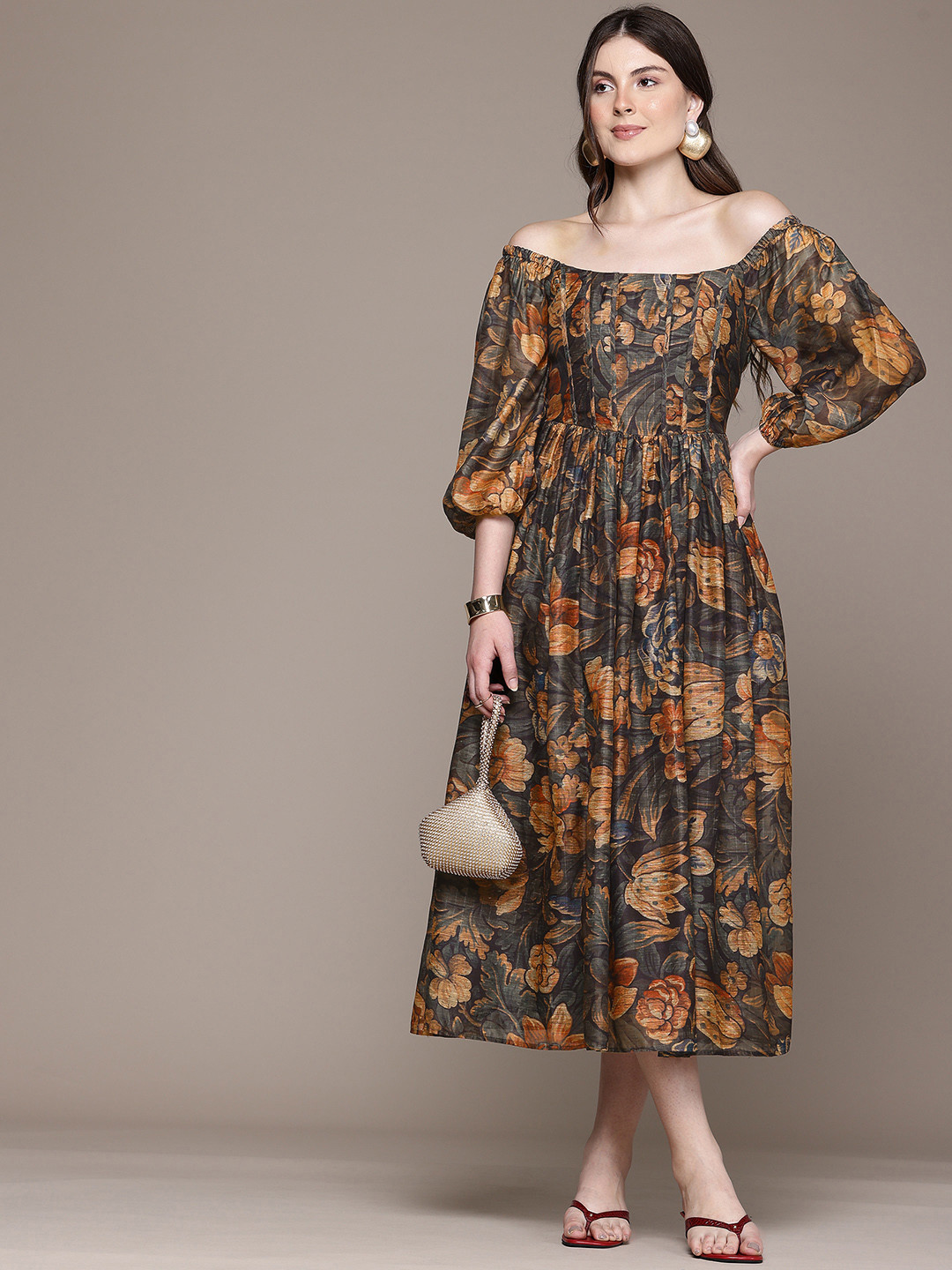 Label Ritu Kumar Floral Print Off-Shoulder Puff Sleeve A-Line Corsage Midi Dress