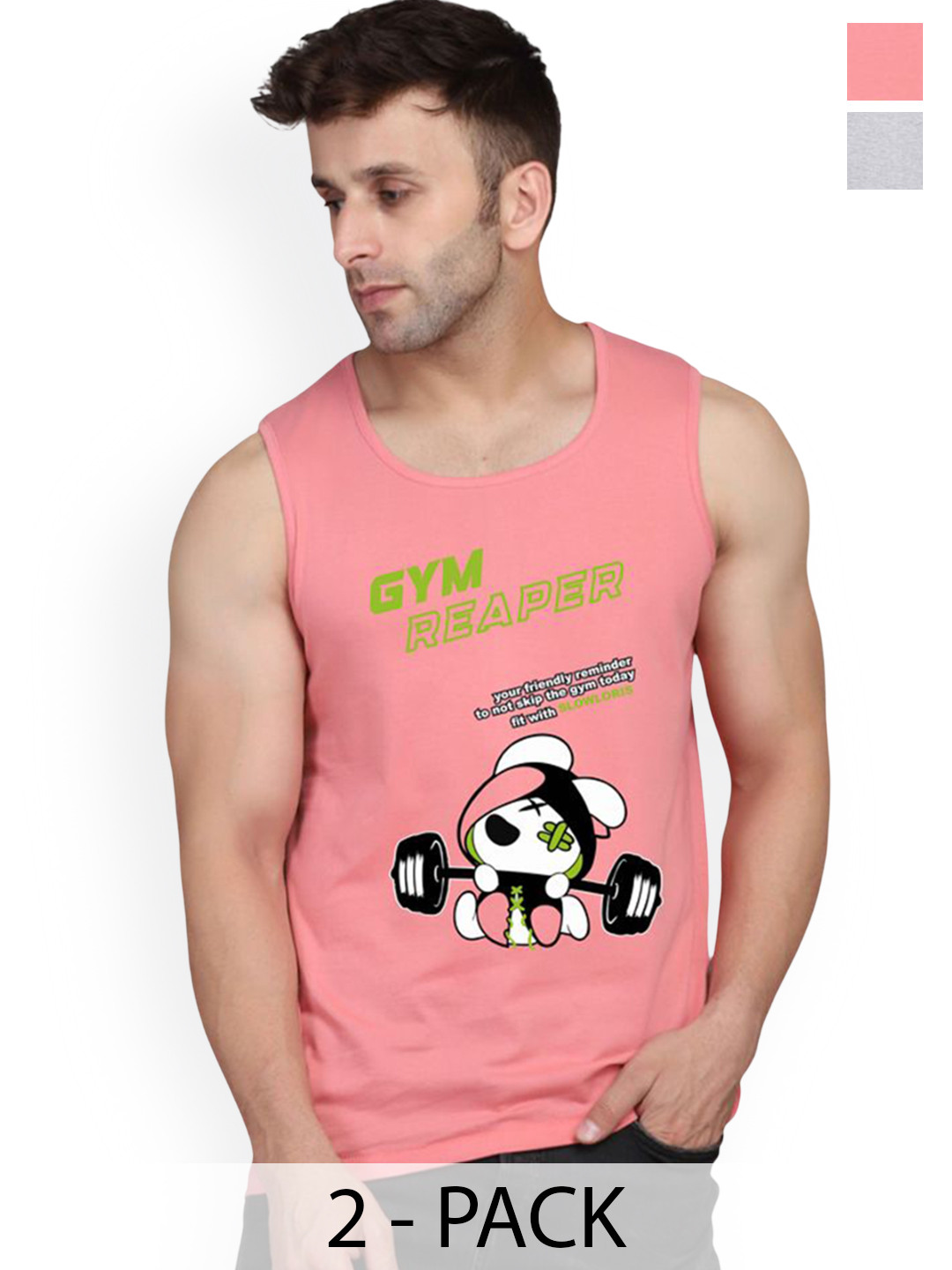 Slowloris Men Set Of 2 Peach & Grey Printed Cotton Sleeveless Innervest
